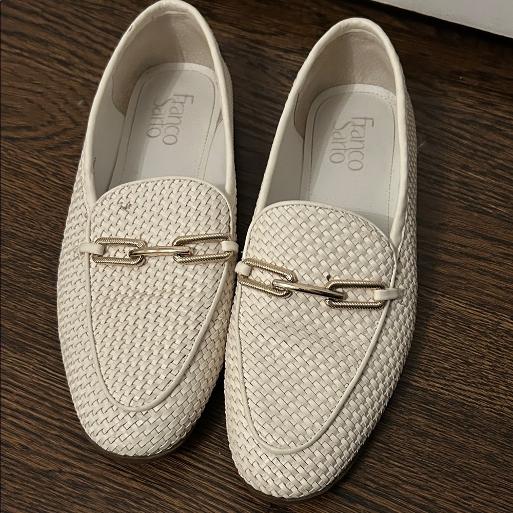 Franco Sarto women’s Woven Cream Loafers with Gold Detail